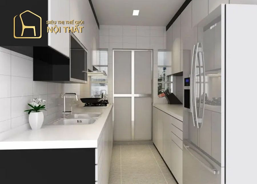 Thiết kế không gian nhà bếp nhỏ sao cho tiện nghi nhất tối ưu công năng sử dụng với tủ bếp kiểu chữ L có thiết kế ô chứa tủ lạnh gọn gàng
