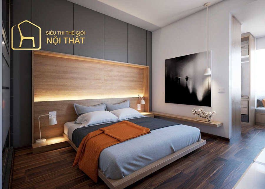 Nội thất phòng ngủ với chất liệu gỗ màu nâu gián đồng bộ từ giường ngủ đến tủ quần áo