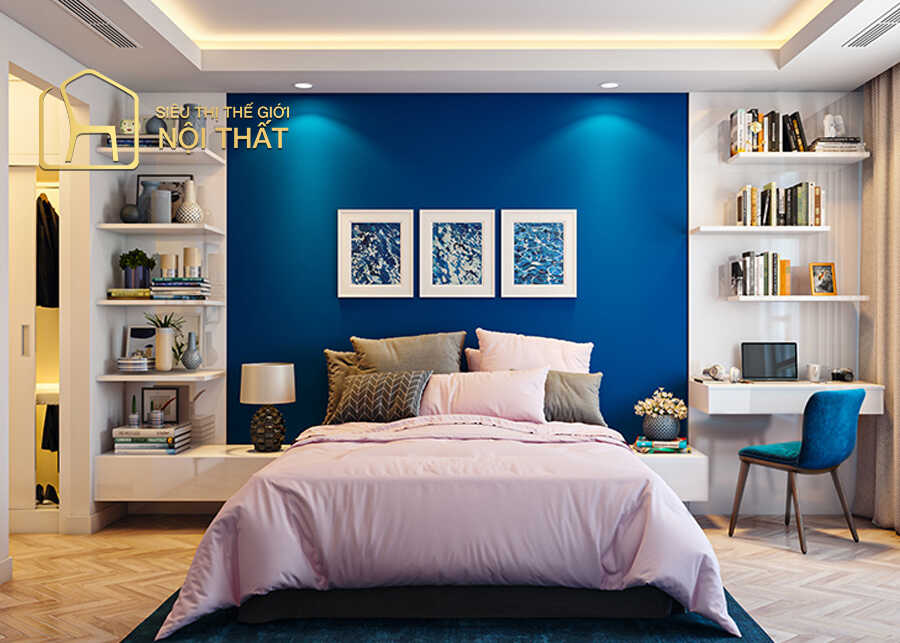 Combo nội thất phòng ngủ nhà ống với chất liệu gỗ công nghiệp phủ Acrylic màu trắng bóng