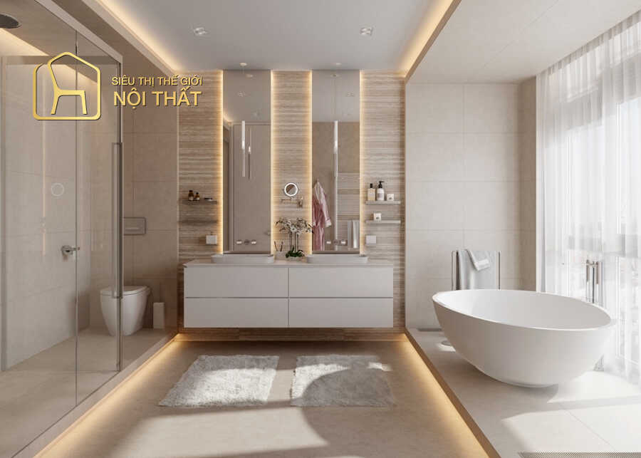 Mẫu phòng tắm thiết kế theo phong cách tân cổ điển tinh tế sang trọng khi sử dụng ánh sáng vàng