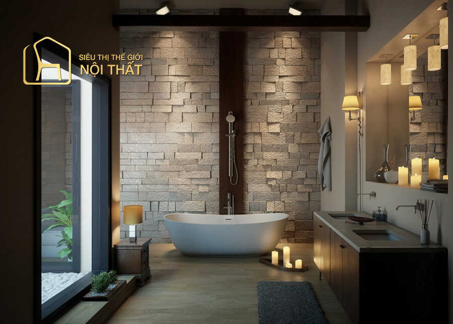 Mẫu phòng tắm được tận dụng tối đa không gian khi bố trí kệ để đồ treo tường ở các vị trí góc khuất