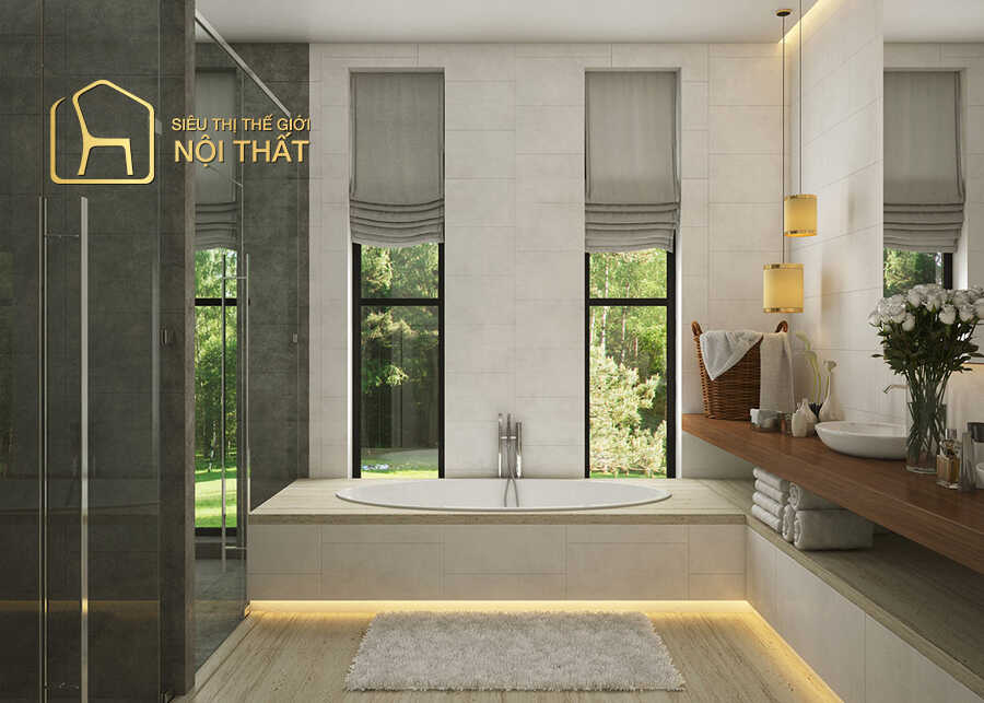 Mẫu thiết kế nhà tắm hiện đại nhờ khu vực sàn và tường được sử dụng gạch men sát trần sang trọng có tông màu sáng