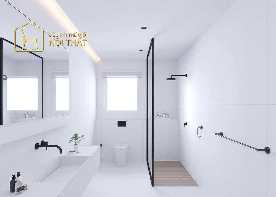 Mẫu nội thất phòng tắm cao cấp đơn giản nhưng tinh tế nhờ ánh sáng bố trí hợp lý cùng thiết kế tủ