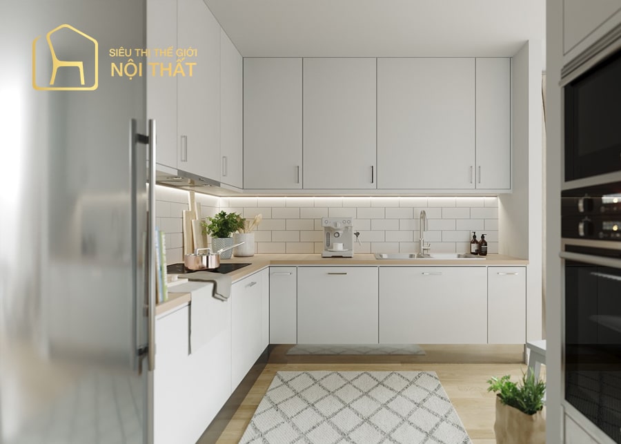 Mẫu thiết kế nội thất nhà bếp hình chữ L với tủ gỗ công nghiệp chống ẩm