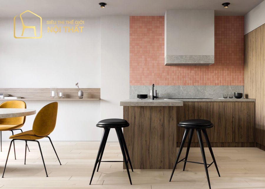 Mẫu thiết kế nội thất nhà bếp hình chữ L với tủ bếp gỗ Acrylic