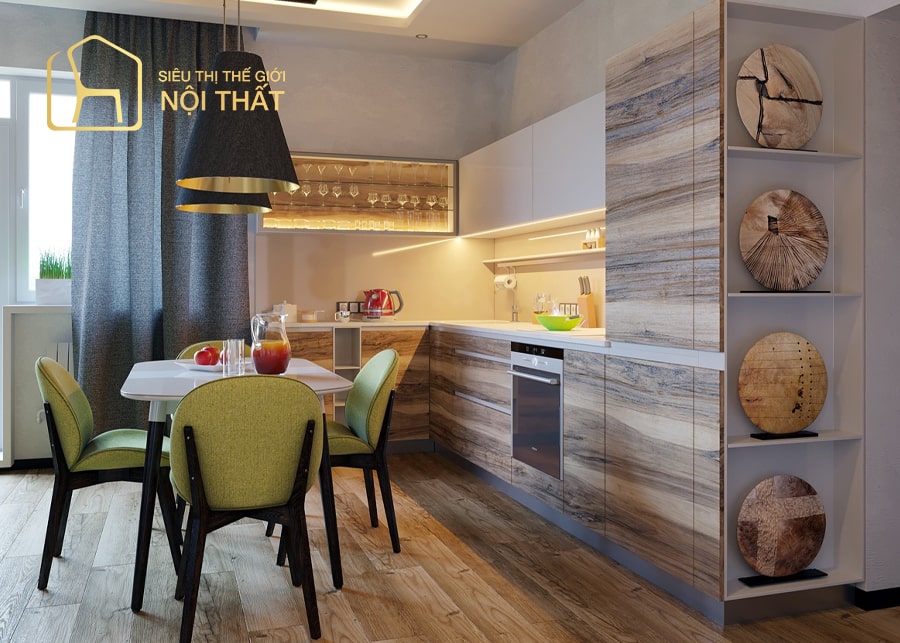 Mẫu thiết kế nội thất nhà bếp hình chứa L với tủ inox