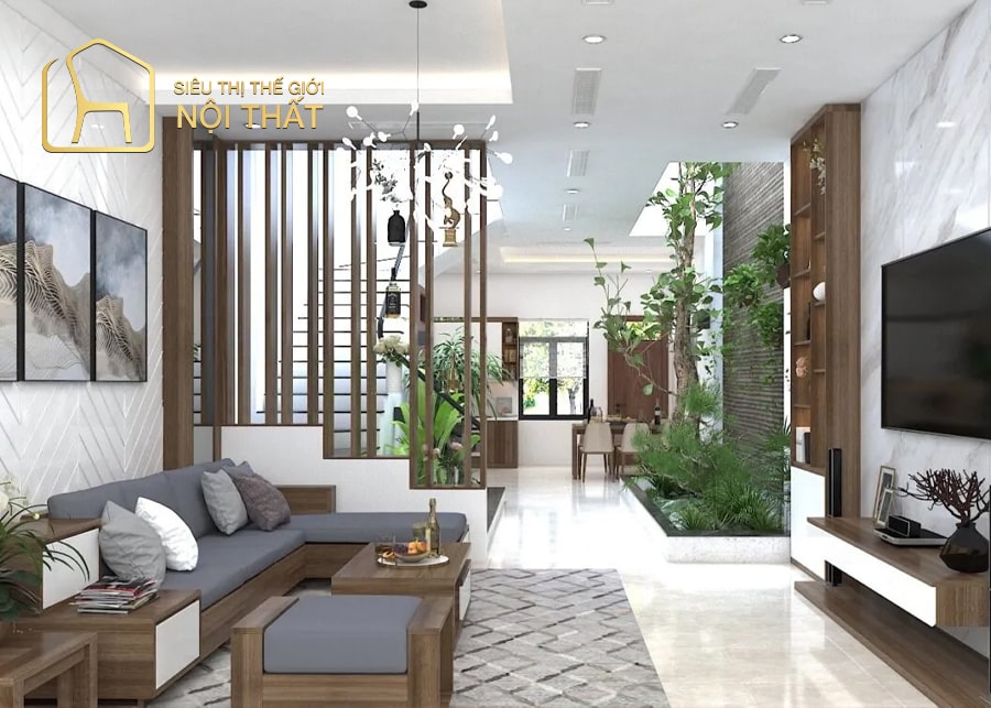 Thiết kế nội thất phòng khách nhà cấp 4 kính cường lực hướng ra sân vườn