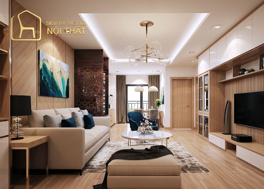 Thiết kế nội thất phòng khách nhà cấp 4 với các nội thất gỗ công nghiệp