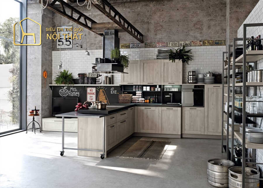 Tủ bếp nhôm giả gỗ cho ăn bếp có diện tích lớn