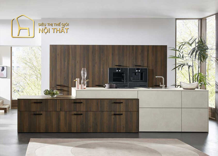 Tủ bếp nhôm giả gỗ với căn bếp có diện tích khiêm tốn