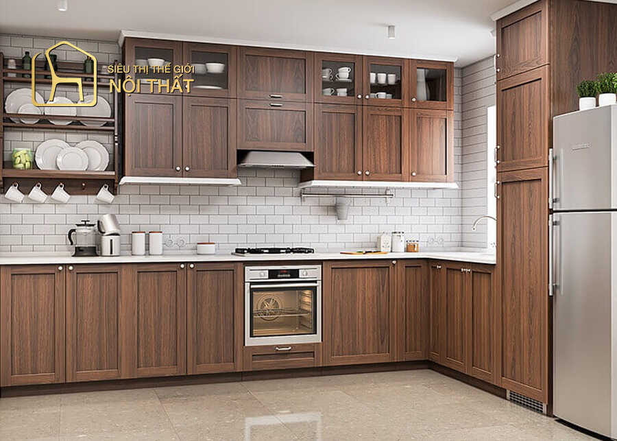 Tủ bếp nhôm giả gỗ cho căn bếp phong cách tối giản