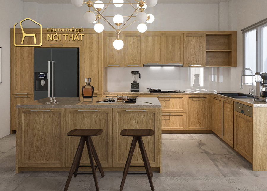 Tủ bếp tân cổ điển chỉ phù hợp với không gian phòng bếp có diện tích vừa và rộng như nhà phố
