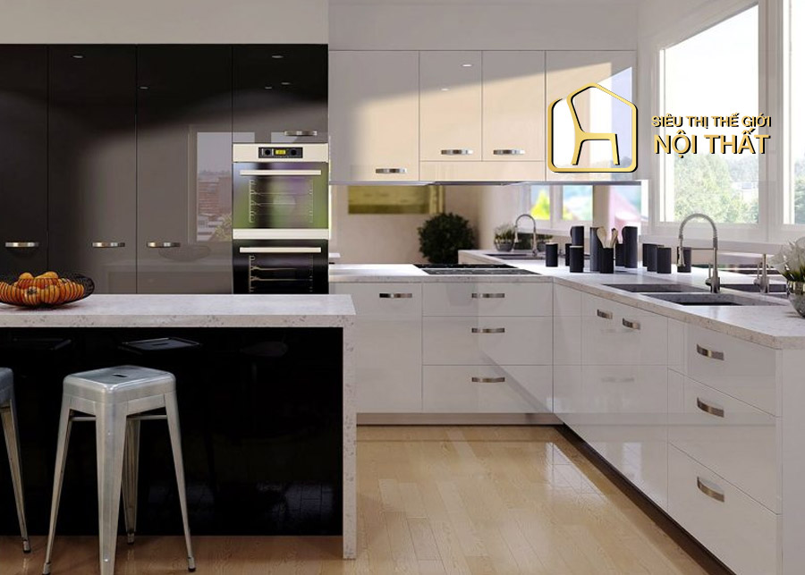 Mẫu tủ bếp đa năng đơn giản, tiện ích của tủ bếp acrylic kết hợp laminate với cách bố trí các khoang tủ