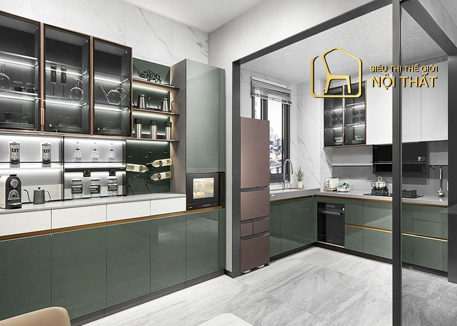 Thiết kế tủ bếp kịch trần hiện đại đa năng acrylic chữ L bóng gương kết hợp với tủ rượu cho bếp diện tích lớn