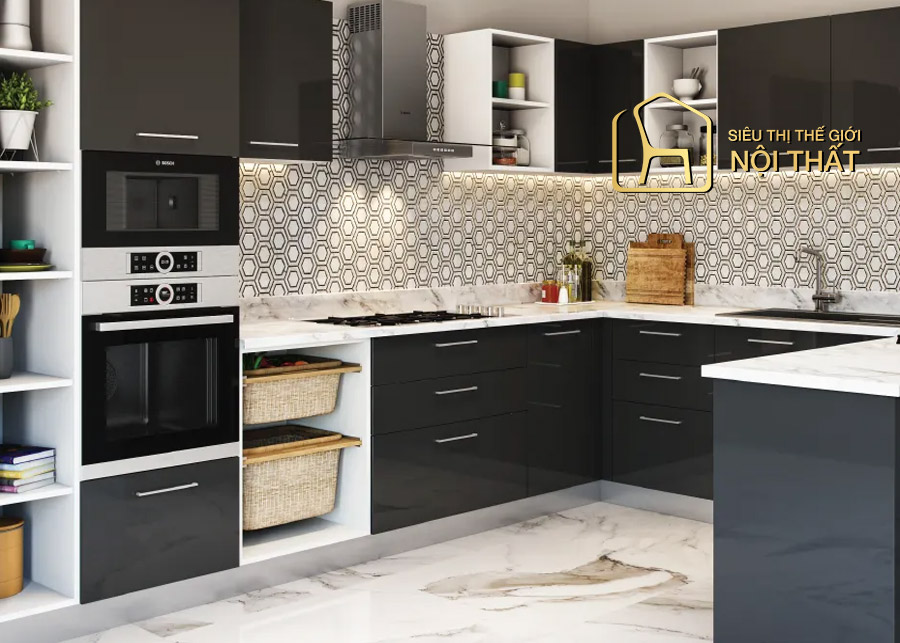 Mẫu tủ bếp đa năng chất liệu gỗ tự nhiên chữ I kịch trần đẹp mắt với các vân gỗ đồng
