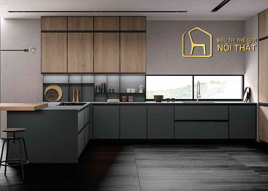 Thiết kế tủ bếp đa năng chất liệu laminate chữ U kèm với quầy bar cho không gian bếp sang trọng