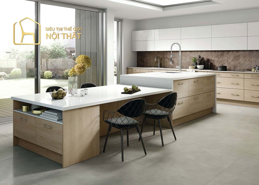 Tủ bếp gỗ công nghiệp có bàn đảo