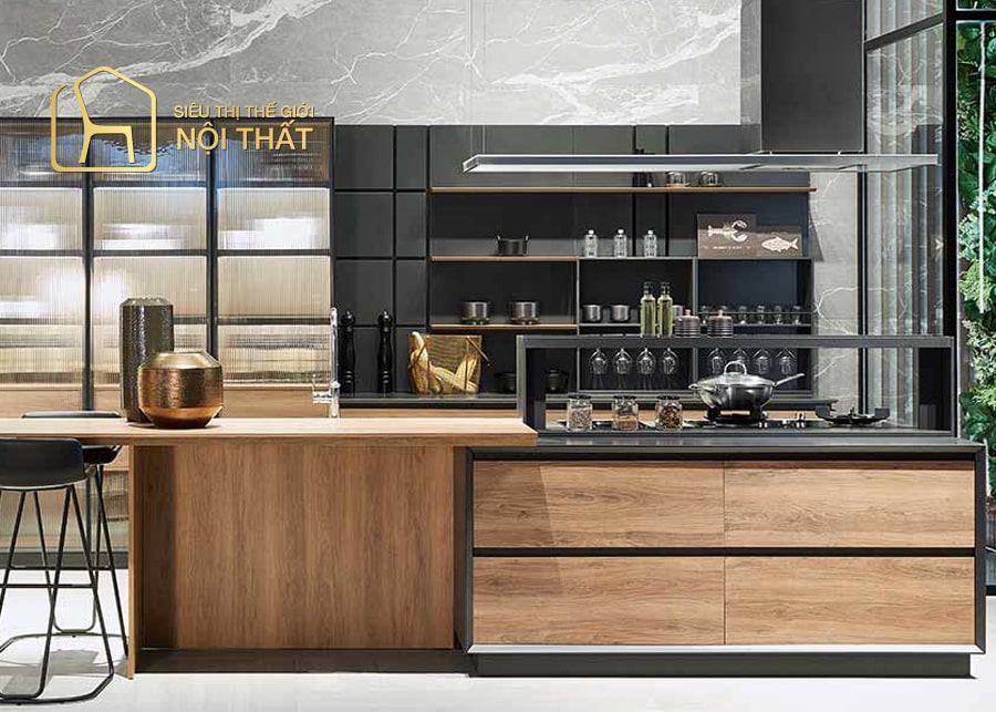 Tủ bếp gỗ công nghiệp hình chữ L kết hợp tủ để rượu