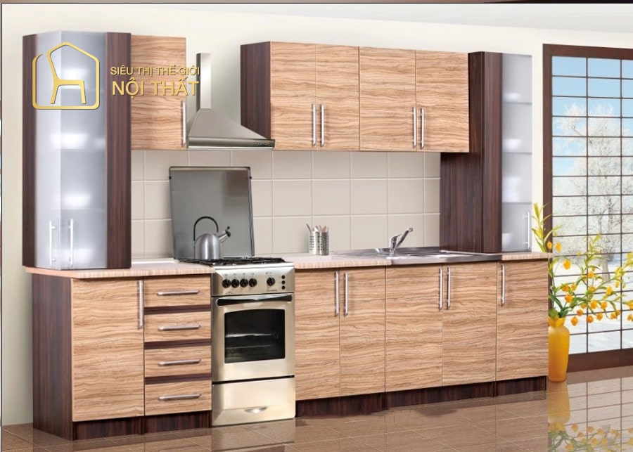 Tủ bếp gỗ công nghiệp hình chữ I phổ biến, hiện đại