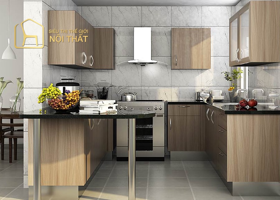 Tủ bếp gỗ công nghiệp hình chữ L với gam màu sáng sang trọng