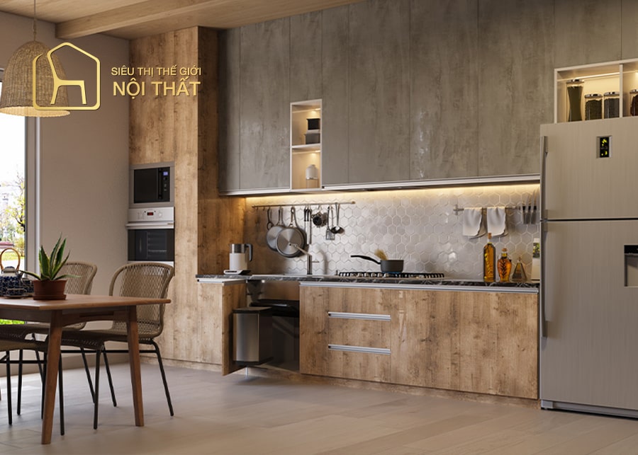 Tủ bếp gỗ công nghiệp Veneer giống vân gỗ tự nhiên