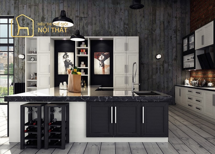 Tủ bếp gỗ công nghiệp Melamine sáng bóng, thân thiện môi trường
