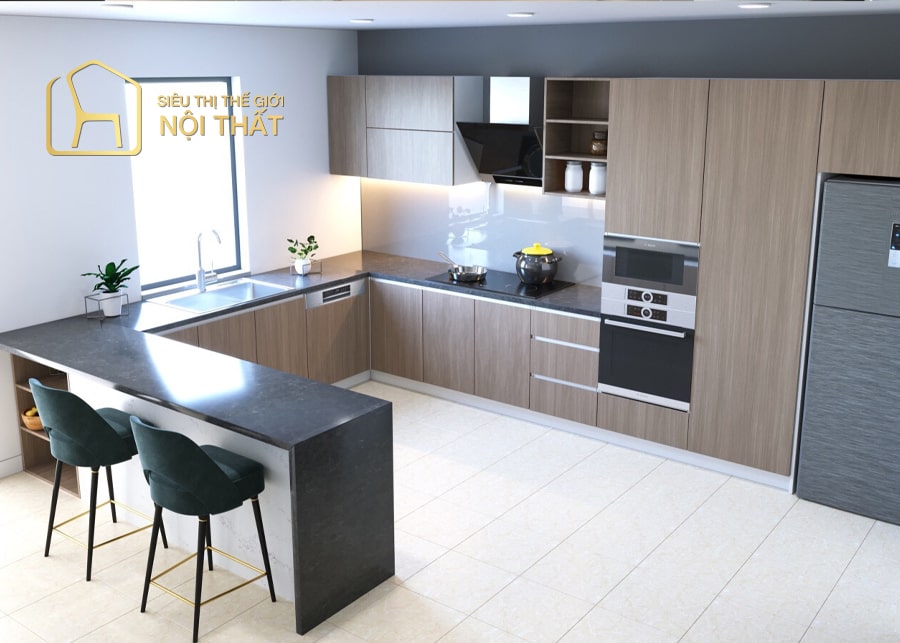 Tủ bếp gỗ công nghiệp hình chữ U