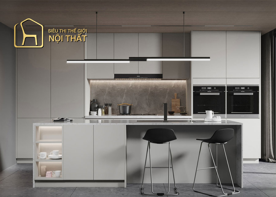 Tủ bếp thiết kế chữ I chất liệu MDF phủ melamine đơn giản được phối màu trung tính đơn giản nhưng không kém phần hiện đại, tủ bếp phù hợp với những không gian bếp vừa và nhỏ.