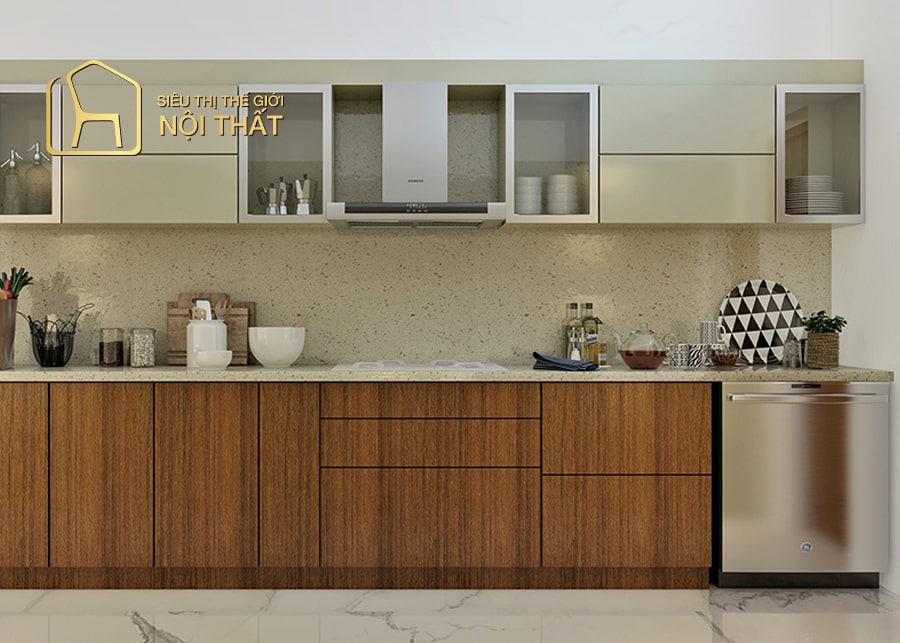Tủ bếp inox cánh kính gam trắng nâu cùng sắc gỗ tự nhiên
