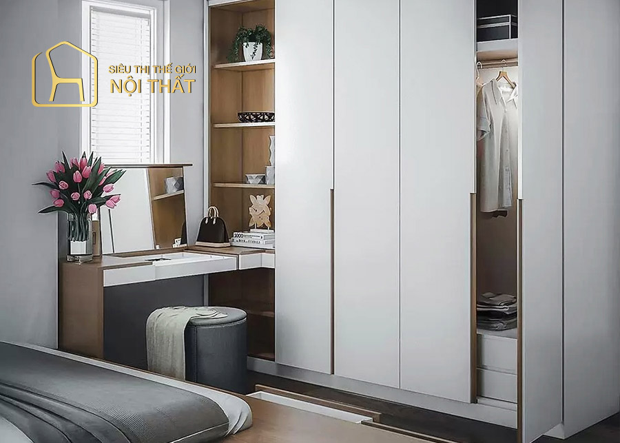 Mẫu thiết kế tủ quần áo kết hợp bàn trang điểm và kệ sách