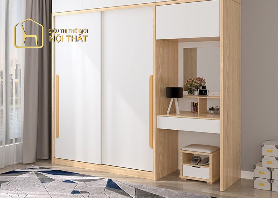 Mẫu tủ quần áo kết hợp kệ trang điểm gỗ công nghiệp đẹp mắt