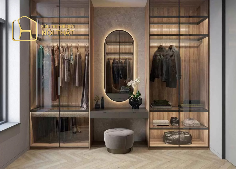 Mẫu tủ quần áo kết hợp bàn trang điểm gỗ sồi Nga sang trọng