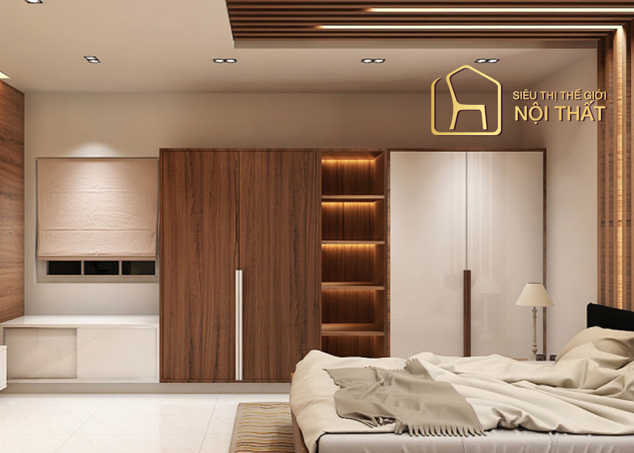 Tủ quần áo gỗ công nghiệp 3 cánh với nhiều ngăn kệ trang trí không cánh tận dụng làm kệ trưng bày túi xách, đồ trang trí vô cùng sang trọng