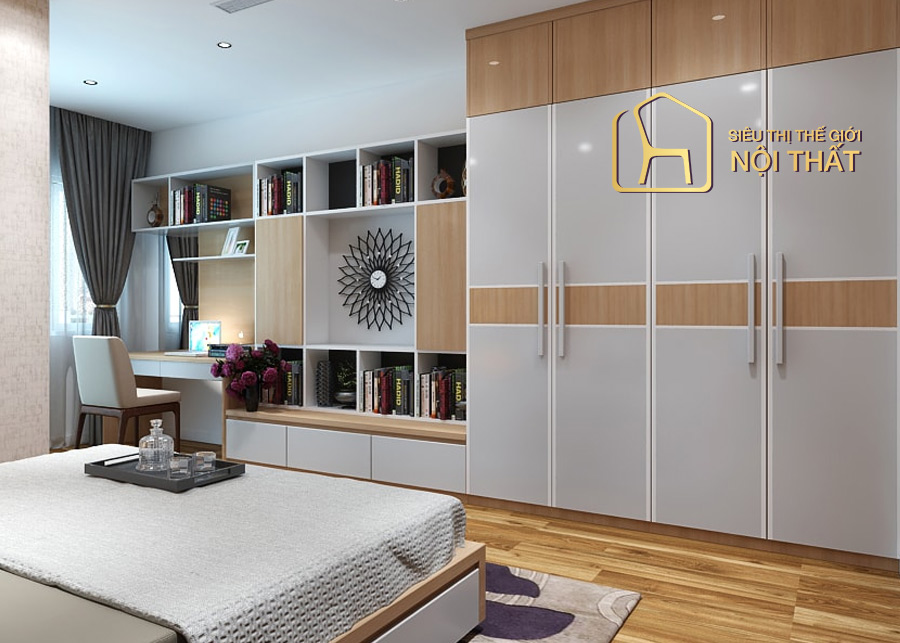 Mẫu tủ quần áo gỗ công nghiệp gam màu nâu sáng thiết kế 4 cánh lùa hiện đại là lựa chọn vô cùng hoàn hảo cho những gia đình nhiều gồ cần lưu trữ