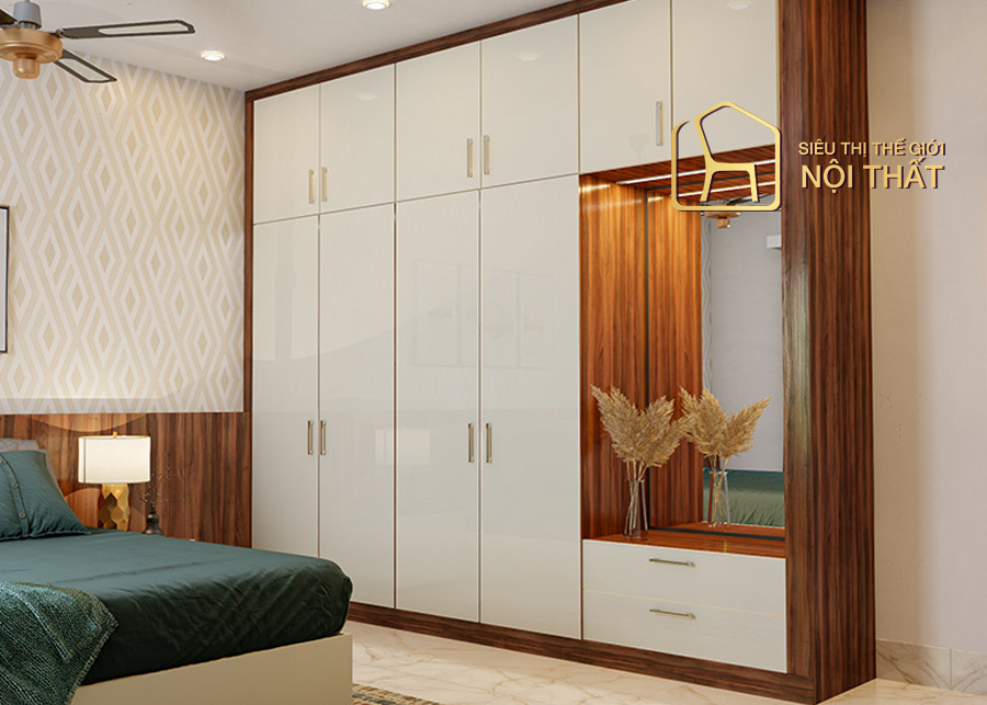 Thiết kế của tủ quần áo gỗ cửa lùa gam màu trắng kết hợp với vân gỗ mang lại sự tiện lợi, hiện đại và tiết kiệm diện tích không gian tối đa