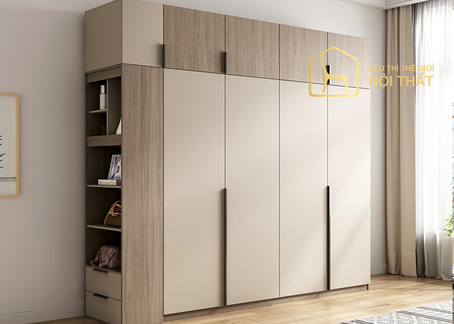 Thiết kế của tủ quần áo nhựa cửa lùa gam màu trắng kết hợp với vân gỗ mang lại sự tiện lợi, hiện đại và tiết kiệm diện tích không gian tối đa