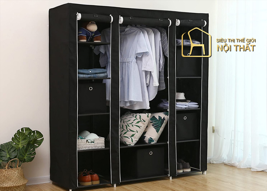 Tủ quần áo vải 3 buồng 5 ngăn khung thép sang trọng