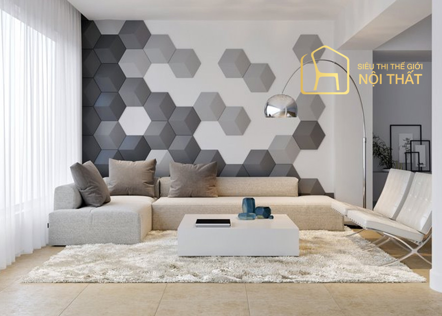 Gạch 3D gây ấn tượng thị giác mạnh với người xem, ứng dụng nhiều nhất trong việc ốp tường phòng khách, phòng tắm