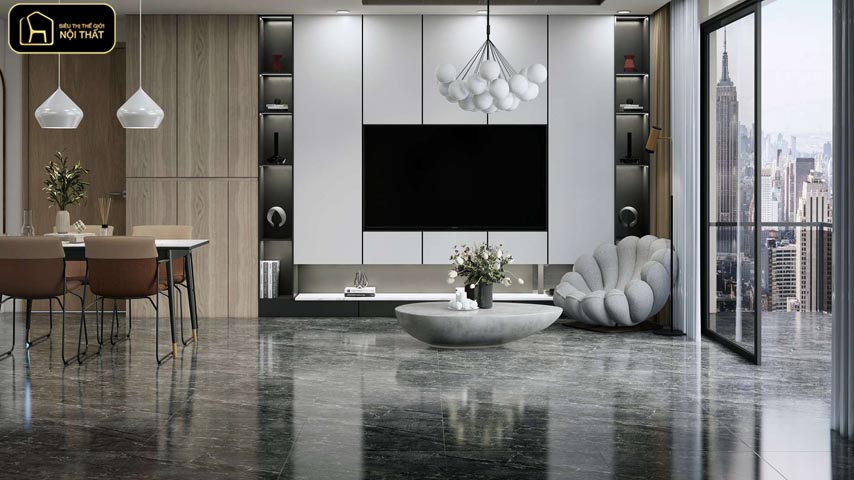 phối màu gạch ốp tường phòng khách