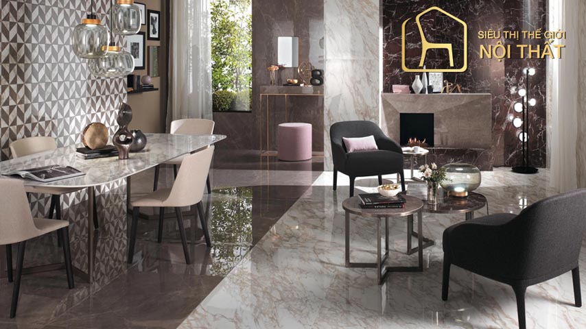 phối màu gạch ốp tường phòng khách
