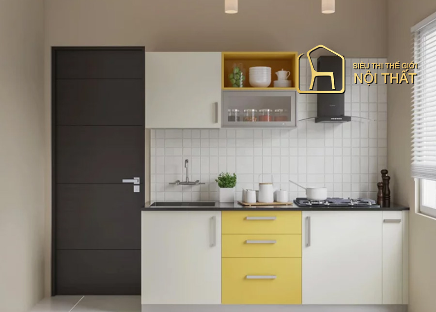 Mẫu tủ bếp mini có bồn rửa với tủ trên thiết kế treo tường độc đáo giúp tiết kiệm không gian tối đa cho nhà bếp nhỏ hiệu quả