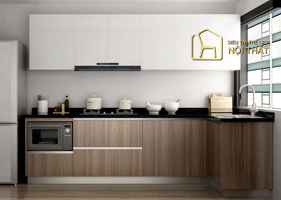 Tủ bếp có chứa bồn rửa chén mini được gắn thêm 2 cánh tủ thông minh vừa mang lại tiện nghi vừa tiết kiệm diện tích