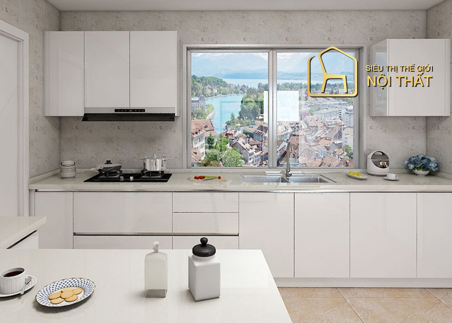 Mẫu tủ bếp có bồn rửa chén chữ I chất liệu Laminate màu xanh ghi độc đáo và lạ mắt