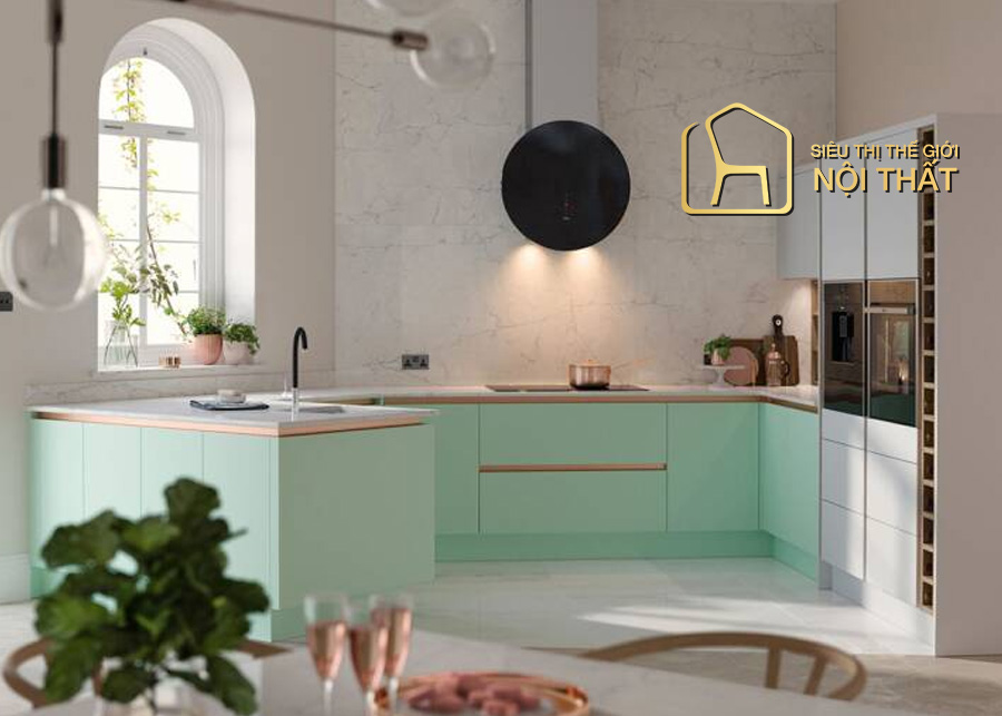 Mẫu tủ bếp mini đẹp với màu pastel nhẹ nhàng, chỉ vỏn vọn 1m6 như một sản phẩm nội thất trang trí nhưng vẫn đảm bảo đầy đủ công năng cho nơi nấu ăn