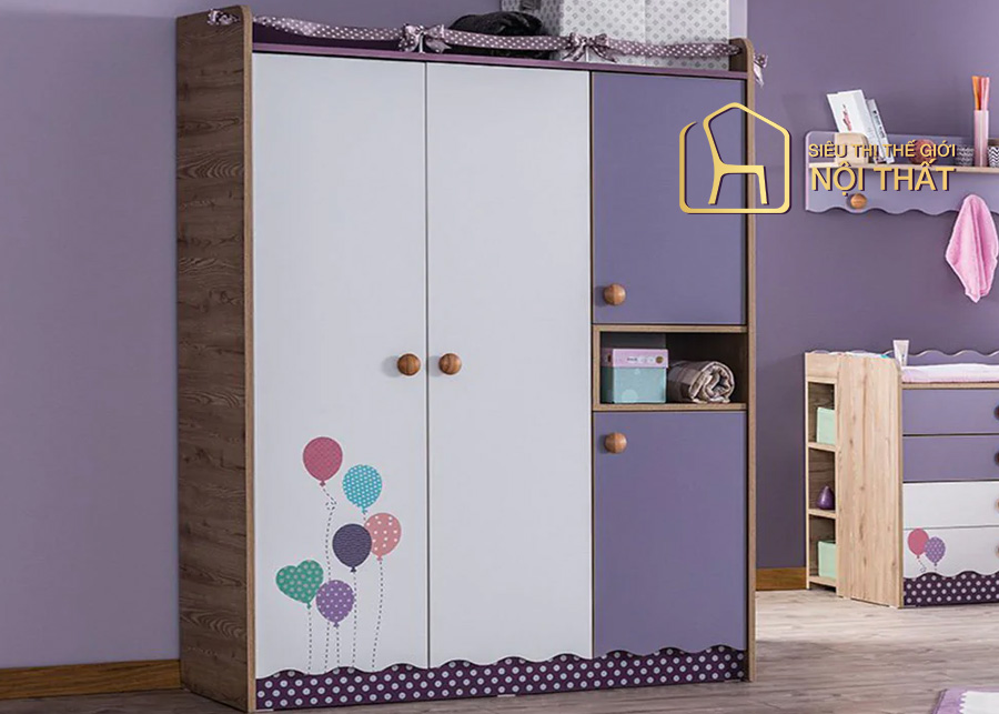 Tủ quần áo cho trẻ 4 - 6 tuổi bé gái màu tím đơn giản