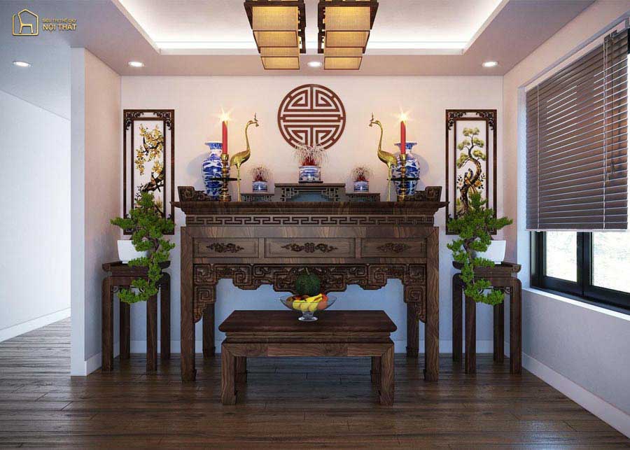 Mẫu bố trí nội thất nhà cấp 4 gác lửng có phòng thờ