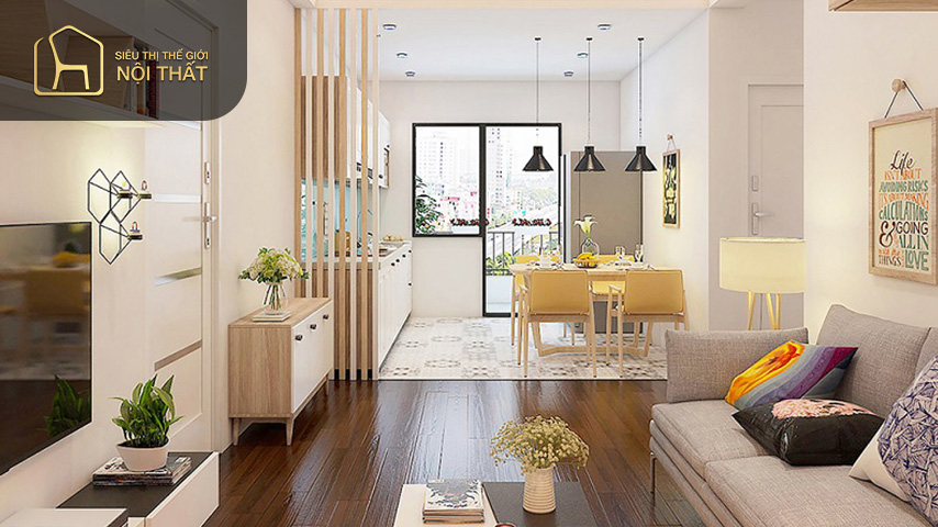 Mẫu thiết kế phòng khách liền bếp 20m2 đẹp chú trọng đến vấn đề đơn giản