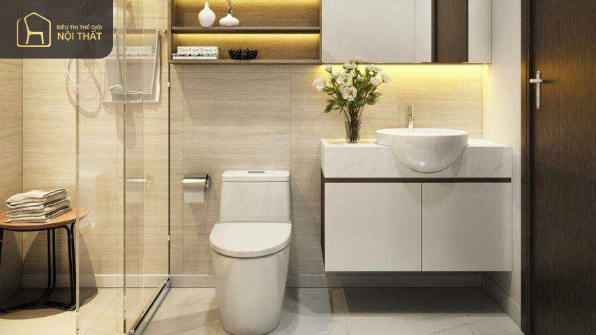 Mẫu nhà tắm nhỏ với những chiếc kệ để đồ treo tường bằng gỗ hiện đại Mẫu nhà tắm nhỏ với những chiếc kệ để đồ treo tường bằng gỗ hiện đại