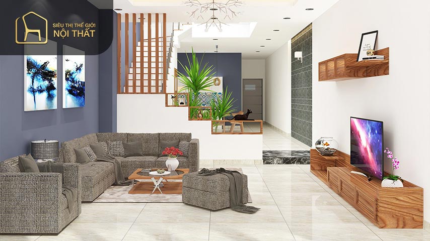 Mẫu phòng khách đẹp có cầu thang có tính thẩm mỹ cao Mẫu phòng khách đẹp có cầu thang có tính thẩm mỹ cao đồng thời là yếu tố phong thủy đem đến may mắn cho gia đình