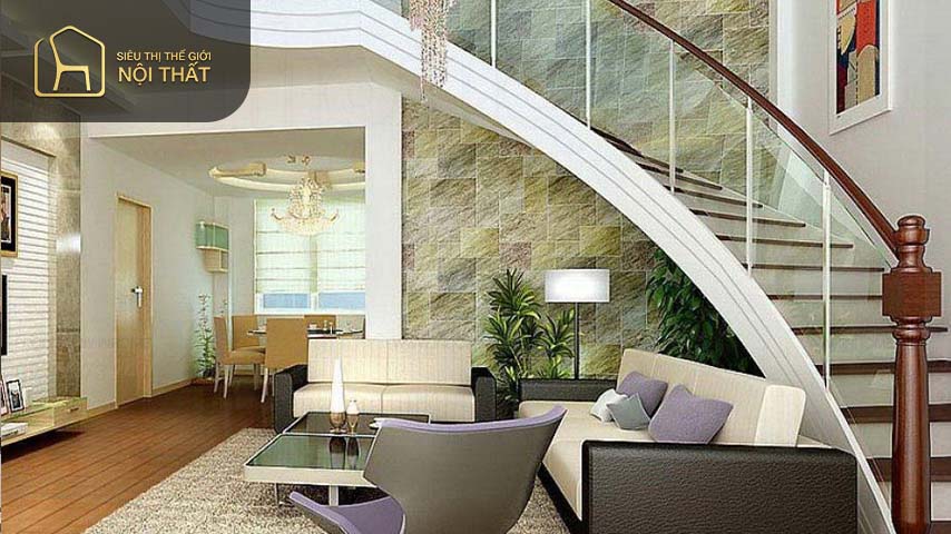 Cầu thang phòng khách có tay vịn bằng gỗ kết hợp với kính cường lực tạo không gian ấn tượng cho căn phòng Cầu thang phòng khách có tay vịn bằng gỗ kết hợp với kính cường lực tạo không gian ấn tượng cho căn phòng